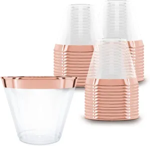 100 Rose Gold Plastic Cups - 9 Oz Hard Disposable Rose Gold Cups - Rose Gold