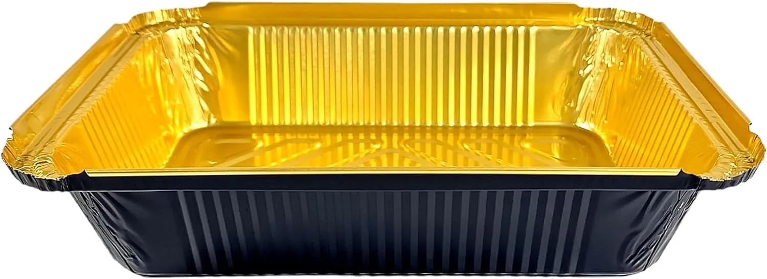 2 1/4 lb. Oblong Black & Gold Aluminum Foil Pans Take Out Heavy Duty Containers W/Board Lids 500/CS