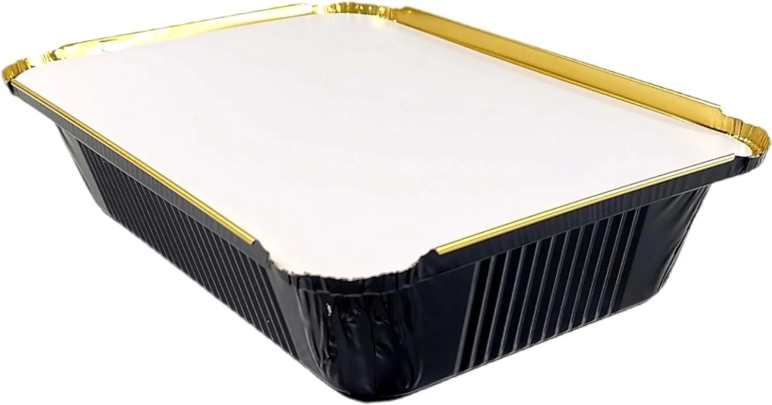 2 1/4 lb. Oblong Black & Gold Aluminum Foil Pans Take Out Heavy Duty Containers W/Board Lids 500/CS