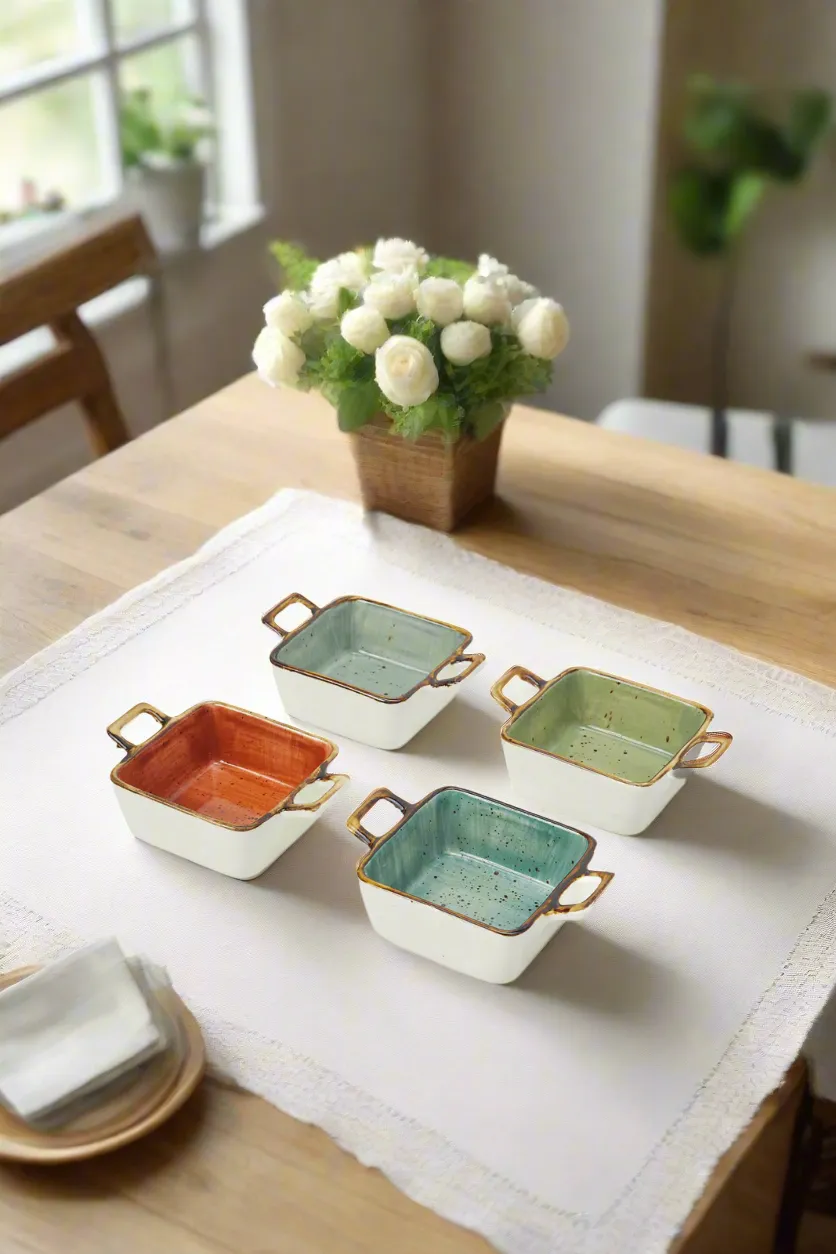 Assorted Square Shape Small Dish Set With Handle (4 Piece)