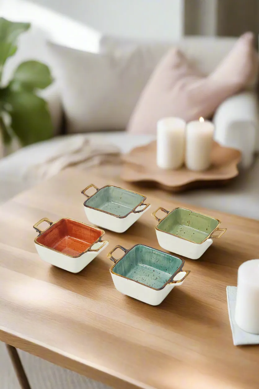 Assorted Square Shape Small Dish Set With Handle (4 Piece)