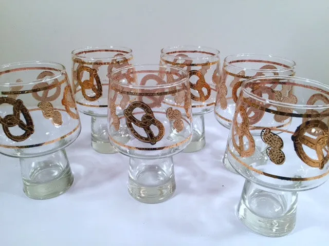 Culver Signed Mid-Century 22-Karat Gold Peanuts and Pretzels Glasses (Set of 6)