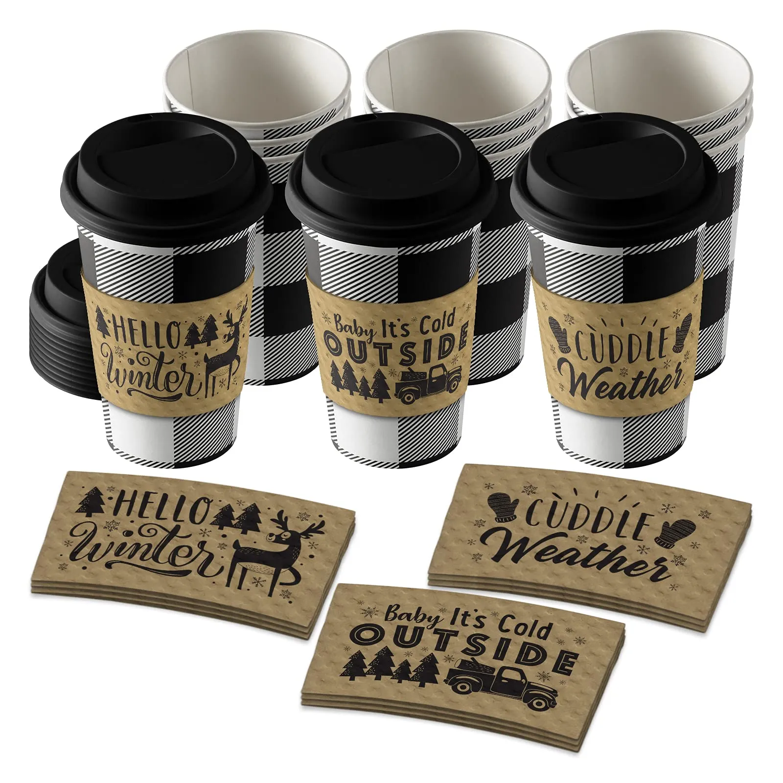 Disposable Coffee or Hot Chocolate Cups - Buffalo Plaid (Black & White Buffalo Plaid, 12-ct with Lids and Winter Kraft Sleeves)