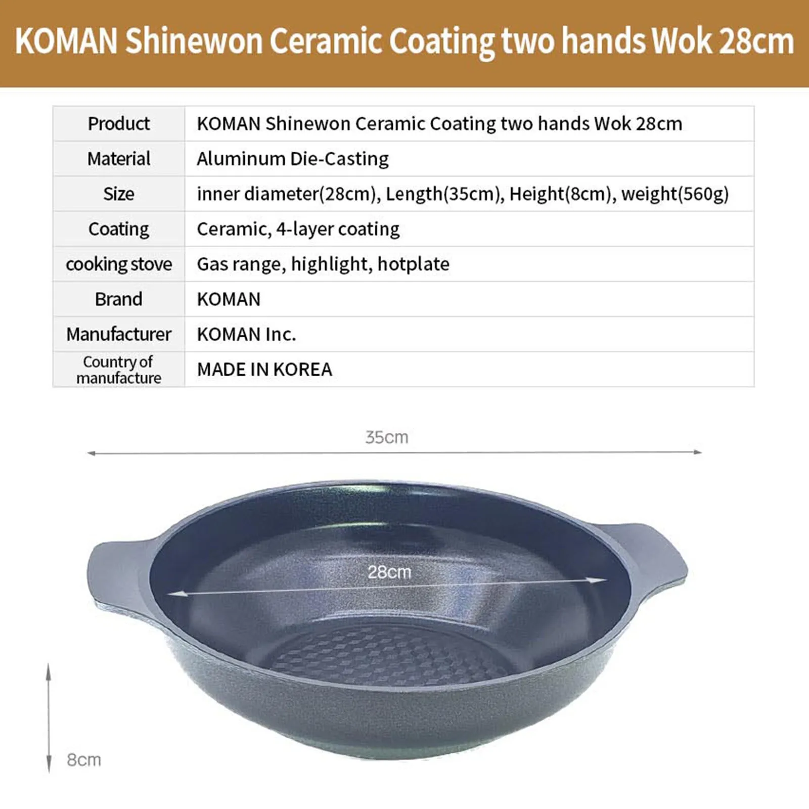 KOMAN 28cm Black Shinewon Two Hands Wok Ceramic Non-stick Titanium Coat   Glass Lid