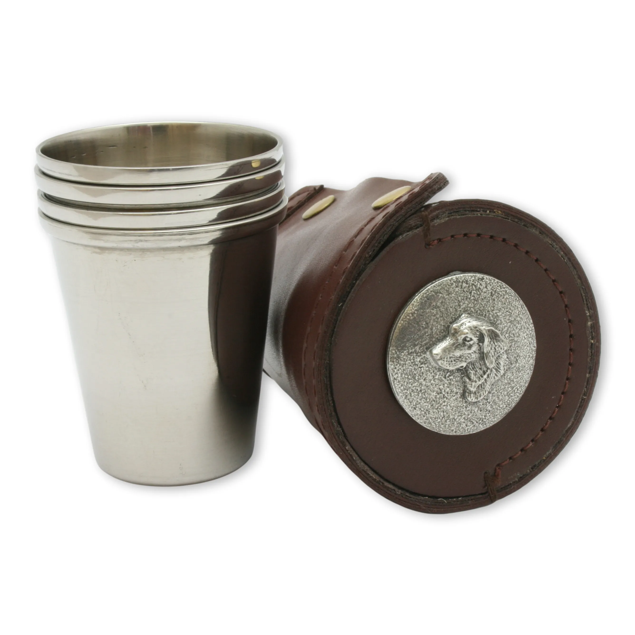 Labrador Gundog Stacking Stirrup Cups In Brown Leather Case (4x4oz Cups)