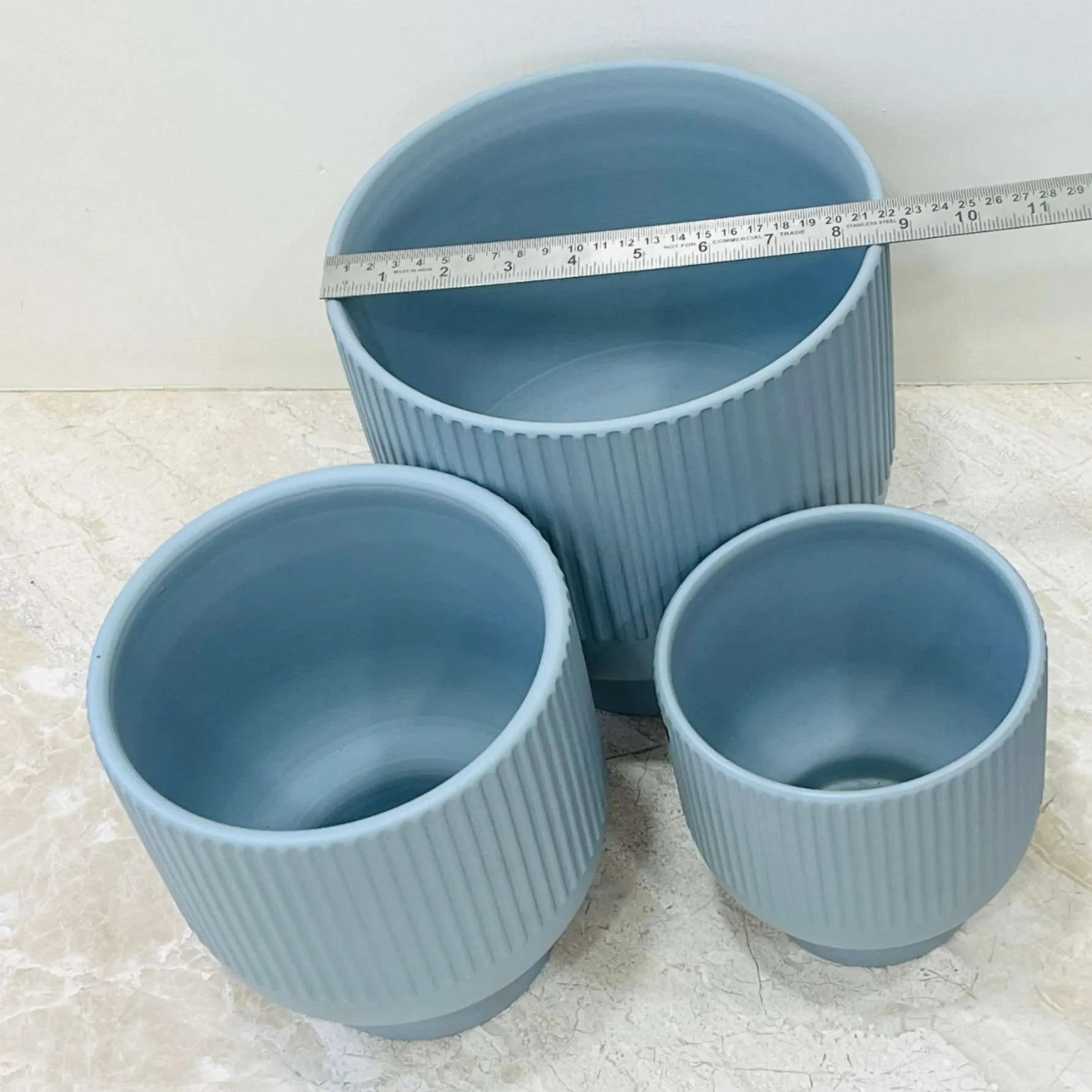 Matte Blue Ribbed Ceramic Planters - Set of 3