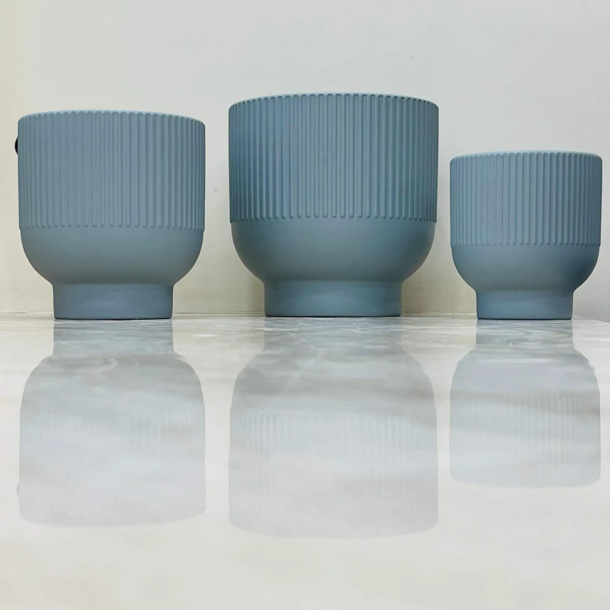 Matte Blue Ribbed Ceramic Planters - Set of 3