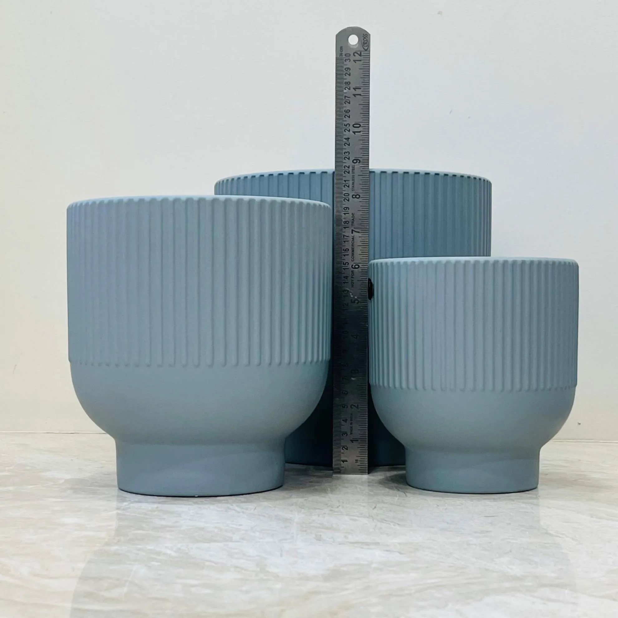 Matte Blue Ribbed Ceramic Planters - Set of 3