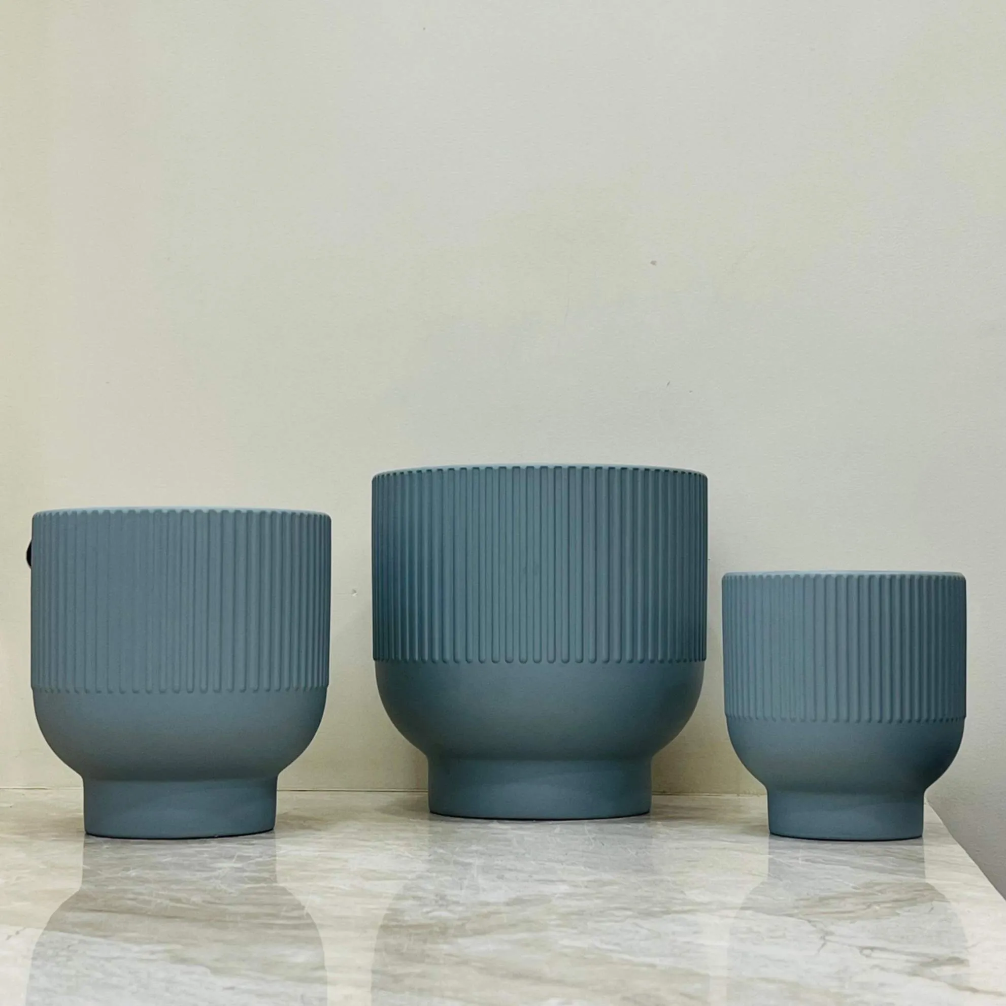 Matte Blue Ribbed Ceramic Planters - Set of 3