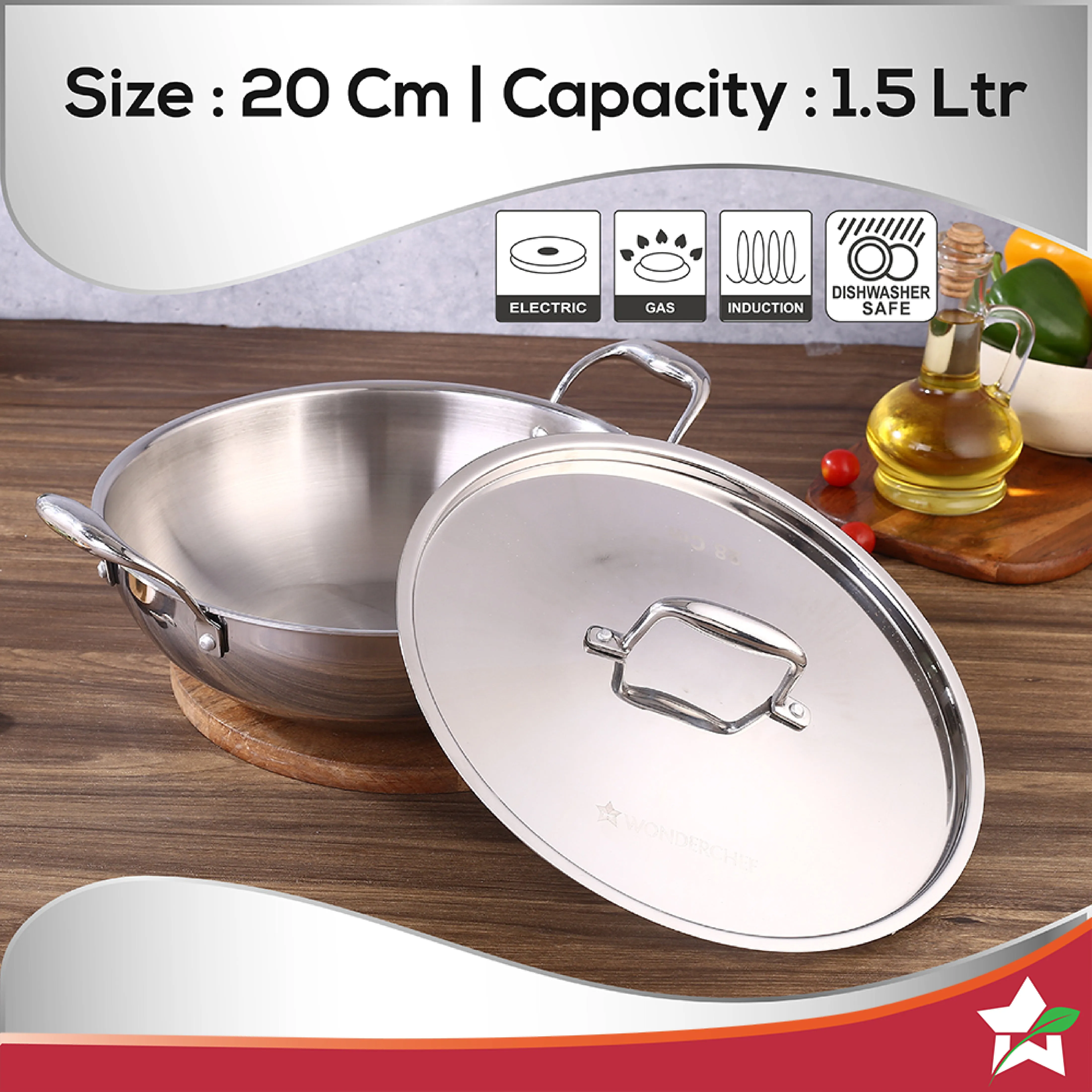 Nigella Tri-ply Stainless Steel 20 cm Kadhai with Lid | 1.5 Litres | 2.6mm Thickness | Kadhai with Induction base | Compatible with all cooktops | Riveted Cool-Touch Handle | 10 Year Warranty