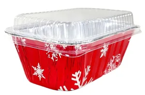 Pactogo 1 lb. Red Aluminum Foil Holiday Mini-Loaf Snowflake Pan w/Clear Low Dome Lid 12/PK