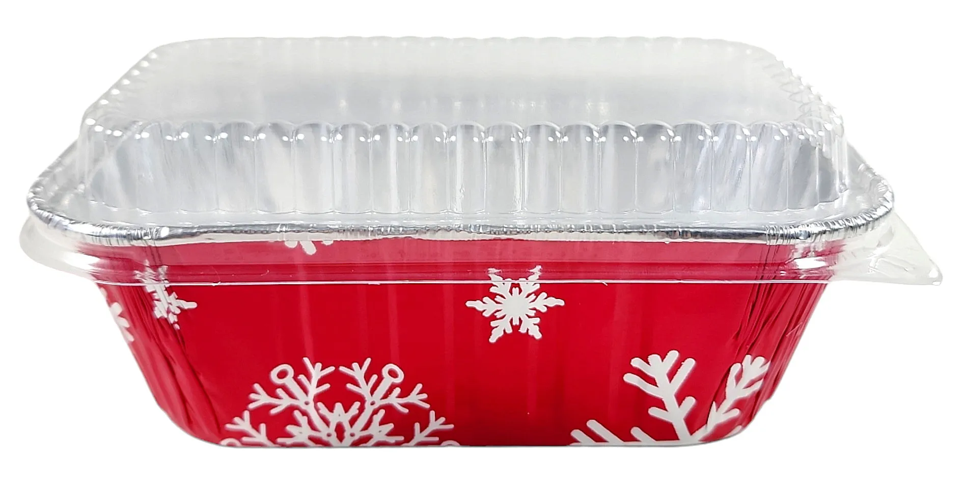 Pactogo 1 lb. Red Aluminum Foil Holiday Mini-Loaf Snowflake Pan w/Clear Low Dome Lid 12/PK