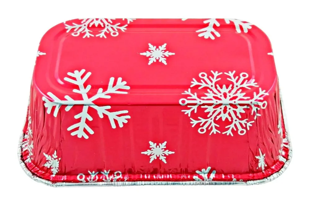 Pactogo 1 lb. Red Aluminum Foil Holiday Mini-Loaf Snowflake Pan w/Clear Low Dome Lid 12/PK